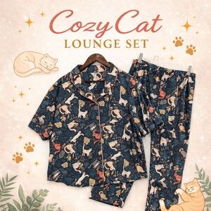 PJ Couture Cat Print Pajama Set Large Button Top & Pants Lounge